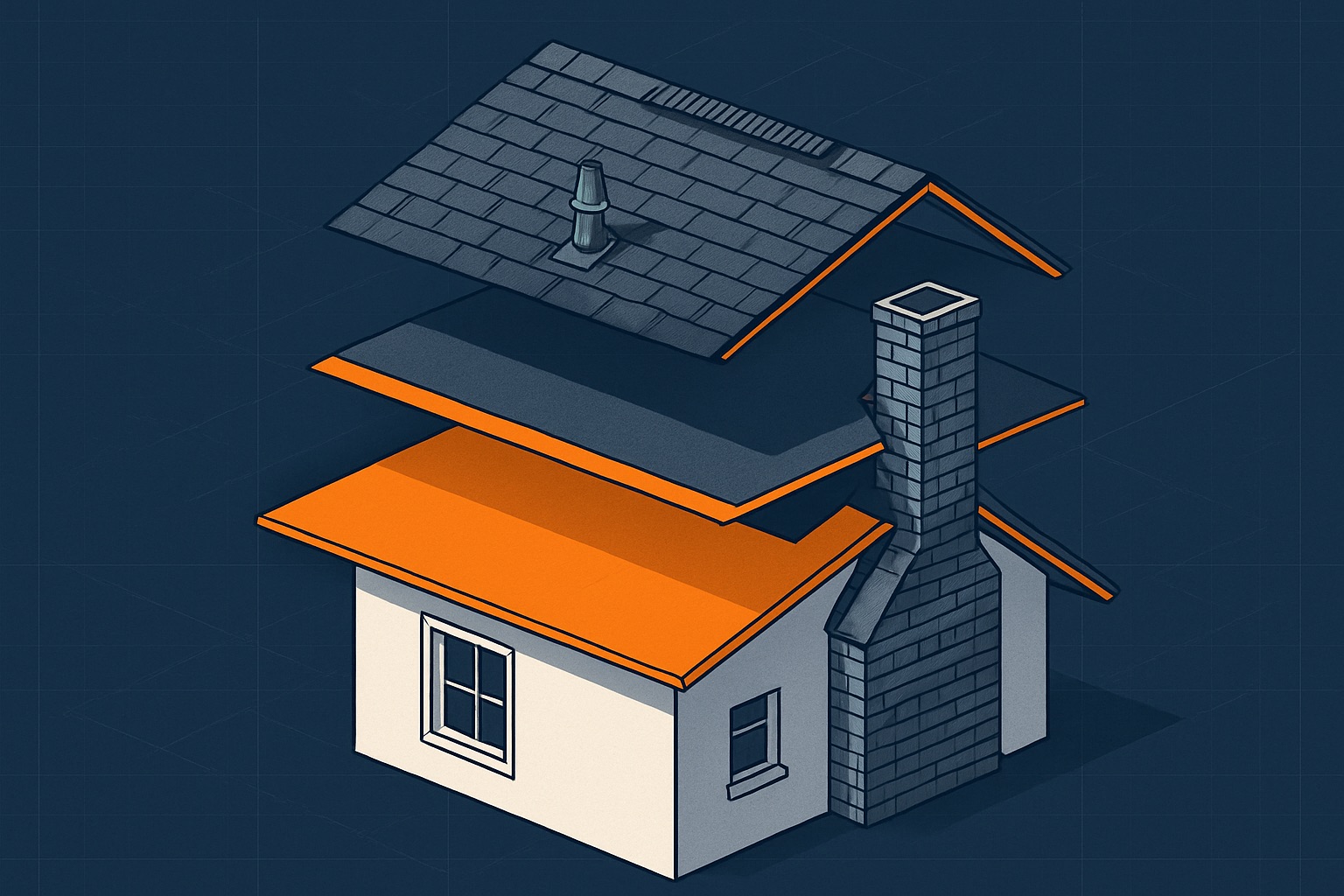 Exploded-view illustration of a roof's layers — decking, underlayment, shingles, ridge vent, flashing