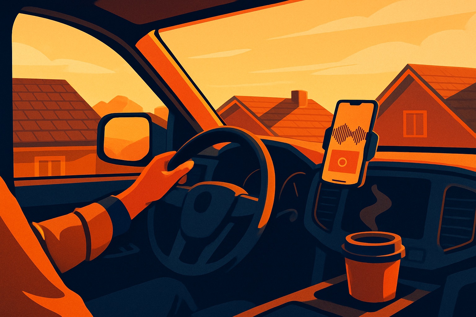 Roofing sales rep driving at dawn with a podcast playing on the dash and suburban rooftops through the windshield