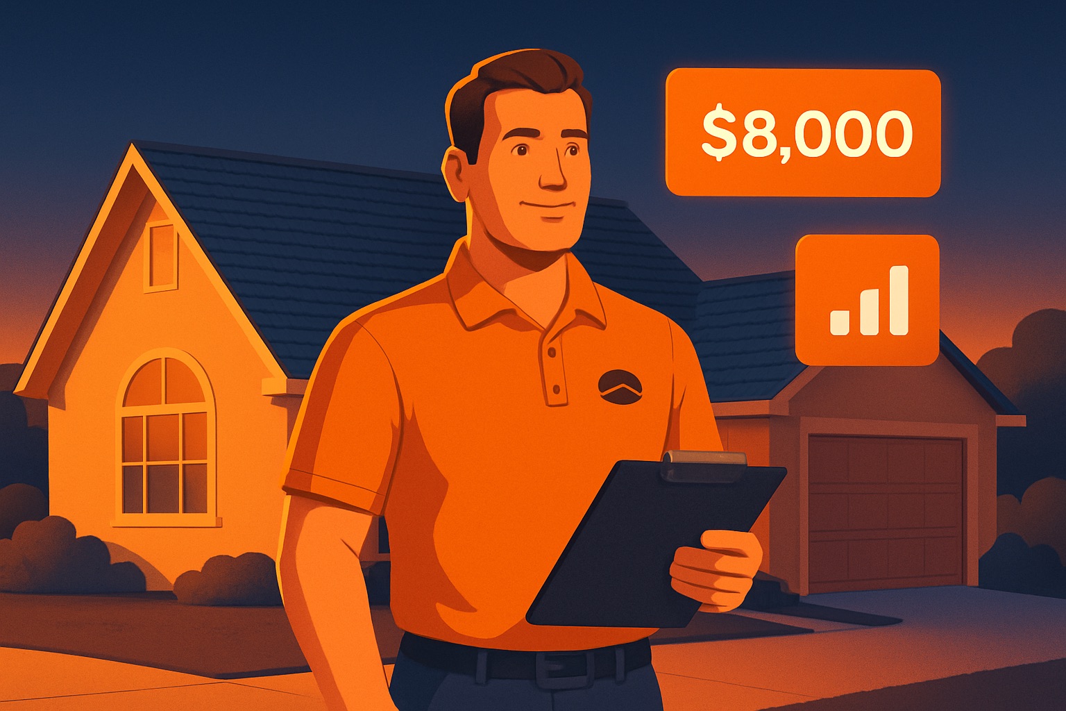 Roofing sales rep on a suburban driveway with commission stat cards floating beside a newly shingled roof