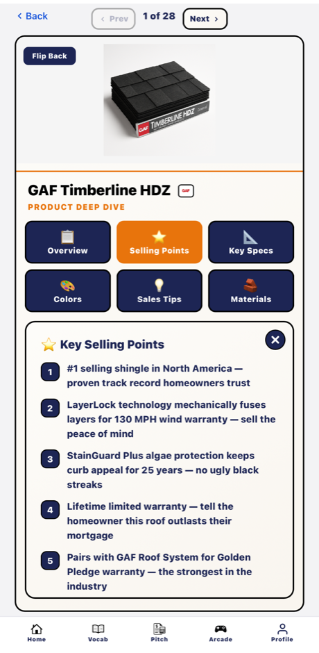 Key Selling Points screen